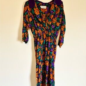 Vintage Tareti 80s multicolored Floral 3/4 Sleeve Maxi Dress Made in USA Medium